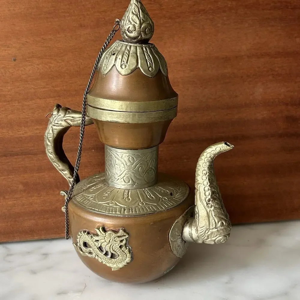 Vintage Tibetan Style Metal Dragon Decanter Pair MCM Asian Boho Home Decor